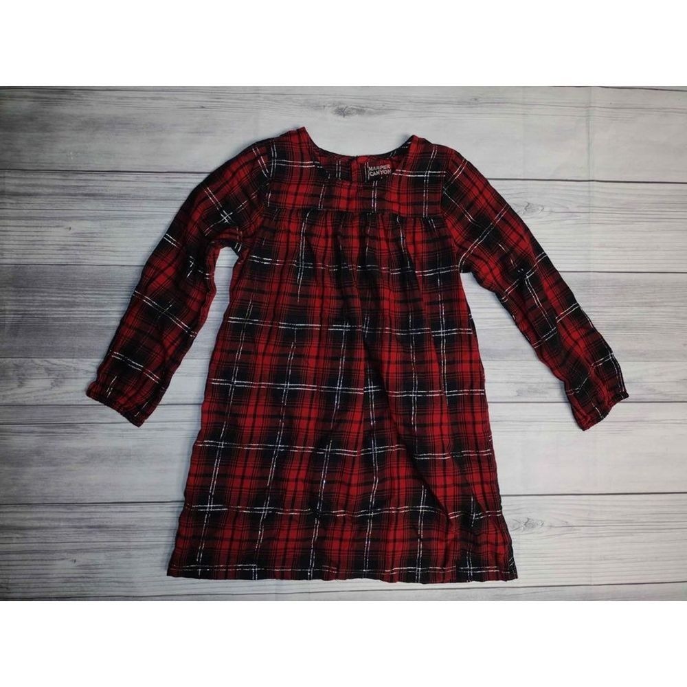 Harper Canyon Girls Red Black Plaid Metallic Sparkle Long Sleeve Dress Size‎ 4t